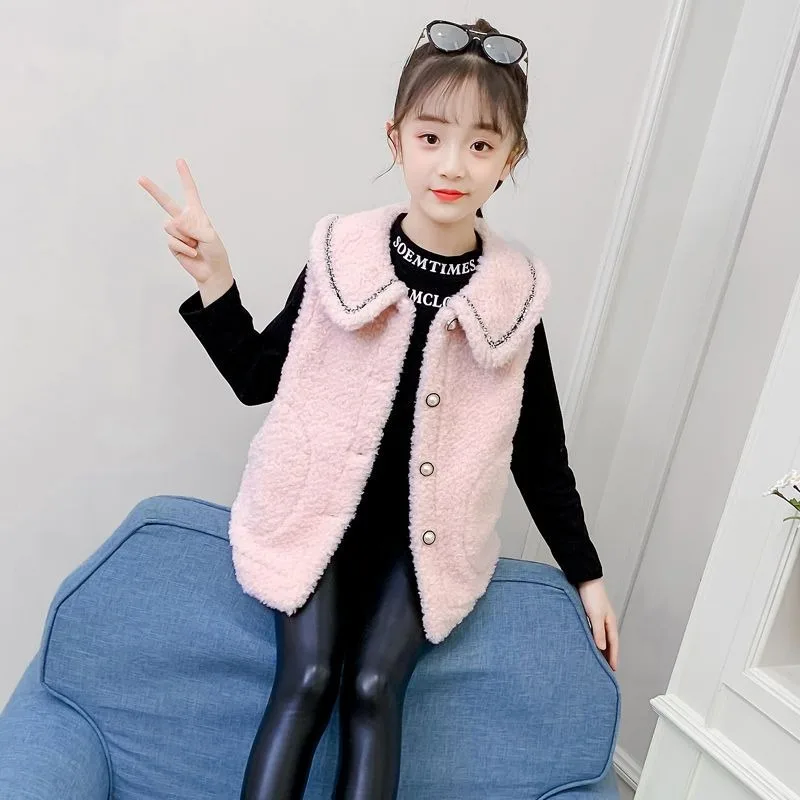 

Girls' Faux Lamb Wool Hooded Vest Stylish New 2025 Spring Autumn Outerwear for Toddler To Kids Warm Trendy Cape
