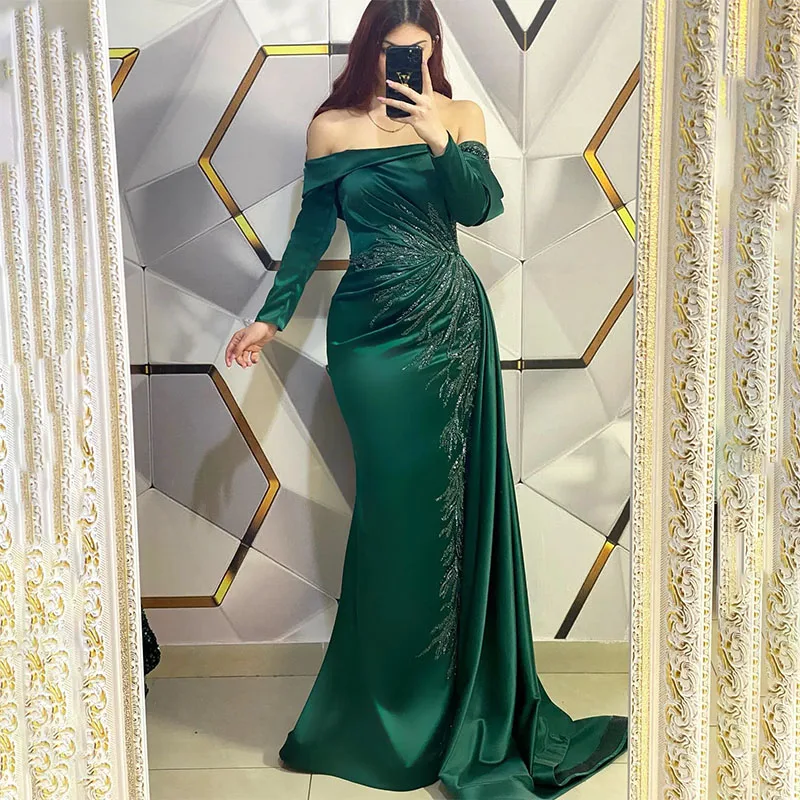 

Elegant Muslim Evening Dress Off Shoulder Long Sleeves Mermaid Turkish Kaftan Dress Pleats Beading Side Train Formal Dress