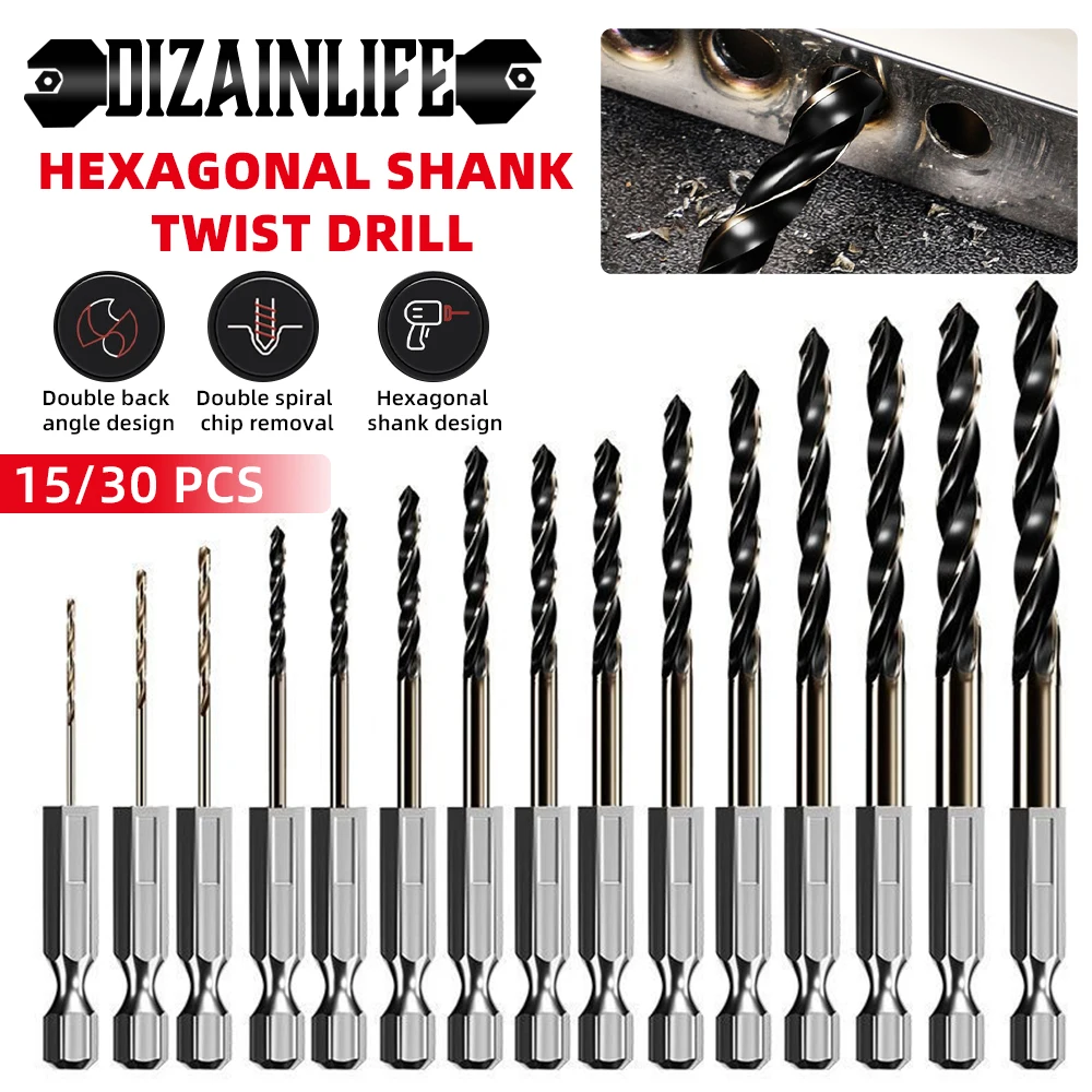 15/30Pcs 1.5-6.5mm Hex Shank Twist Drill Bit Set Wood Metal Hole Cutter Core Drilling Tool Cobalt Carbide Tip Flat Drill Bits