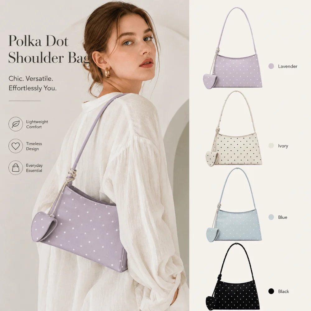 Casual PU Shoulder Bag Lightweight Polka Dot Pattern Handbag Underarm Bag Women