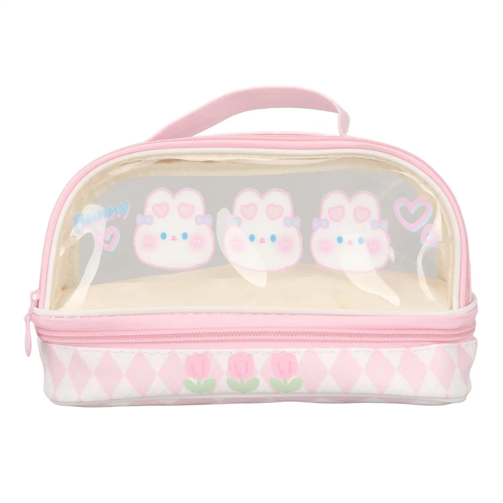 Pink Rabbit Pattern Double Layer Pencil Case & Cosmetic Bag - Large Capacity Transparent Organizer with Handle for kids