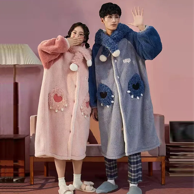 

Зимние фланелевые утепленные ночные сорочки для женщин, свободные пижамы из кораллового флиса в стиле кавайи для косплея, теплые халаты с капюшоном для пар