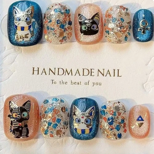 10 Uds. De uñas postizas de gato azul redondas cortas hechas a mano con cuentas de cristal, ojo de gato, moda brillante, acabado, uñas geniales para niñas