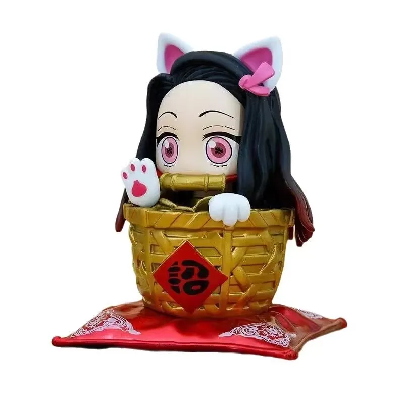 Assassino de demônios Kamado Nezuko Figura Anime, Gato Sortudo, Vestir Gaiola Dentro, Coleção Bonito Toy Modelo, 11cm