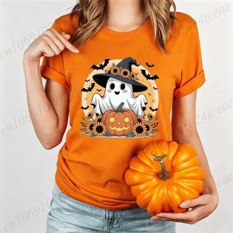 Women's Halloween T-Shirt Halloween-ghost-with-sunflower-hat-and-pumpkin-spooky-fun-with-bats-and-fall-vibes Print T-Shirts Gift