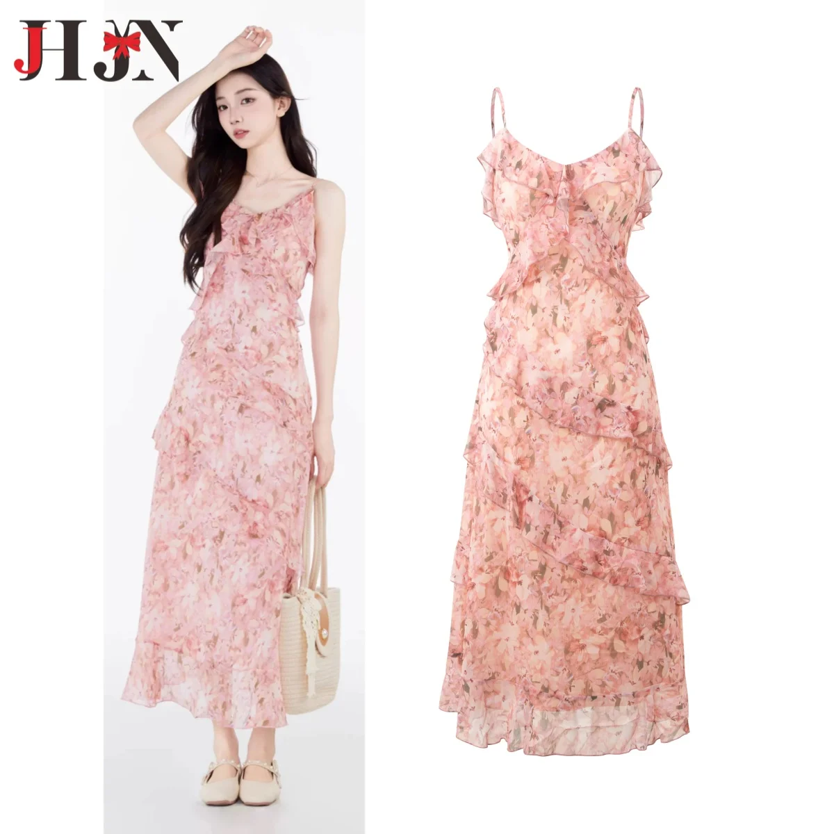 JHJN 2025 modelos de verano para mujer vestido con tirantes florales cintura fina volante pequeño temperamento fresco Falda larga