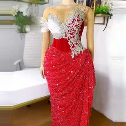 Sequined Mermaid Prom Dresses Sheer Neck Majjor Beads Luxury Pleats Celebrity Pageant Evening Gowns For Birthday Vestidos