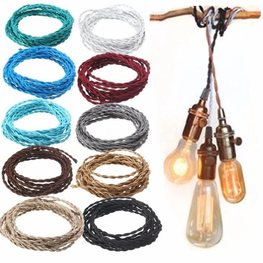 100M  Vintage 2 Core 0.75mm Multicolor Twist Braided Fabric Cloth Cable Wire flexible Electric Lighting Cord For Pendant Light