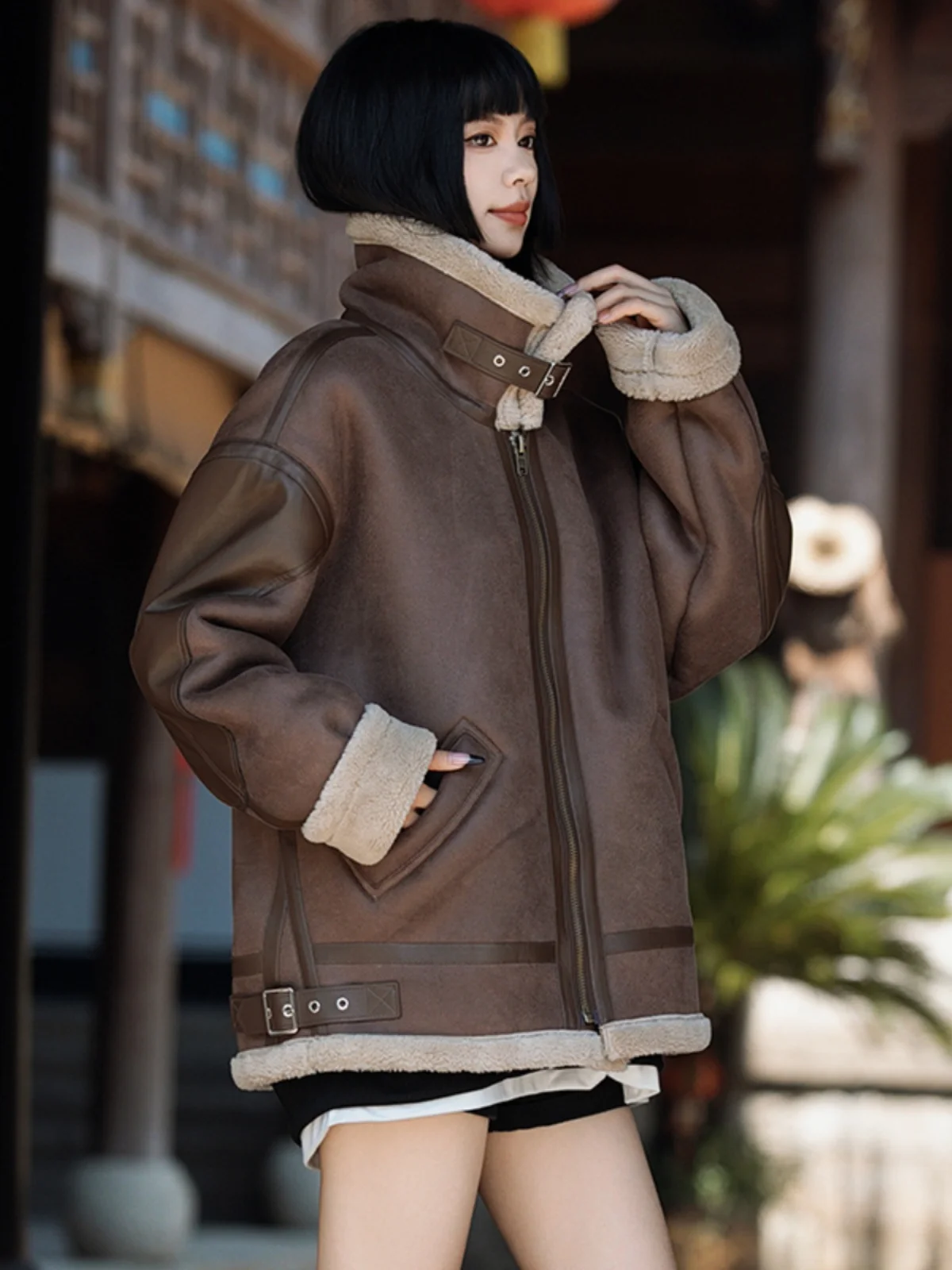 

Brown Faux Leather Fur Lined Pilot Jaet Men's Winter Warm Zipper Closure Cotton Coat Youth Trendy Thiened Long Sve Coat