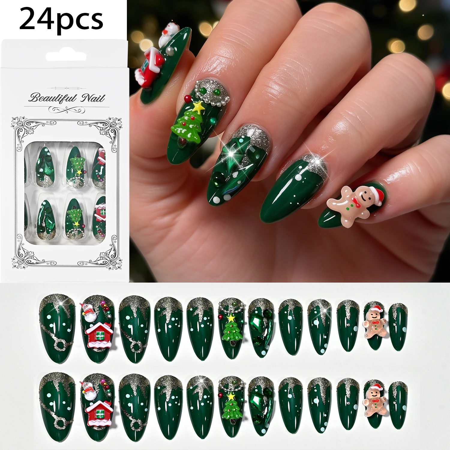 24Pcs Dark Green Silver Glitter Christmas Press On Nails Medium Almond Fake Nail 3D Gingerbread Tree Handmade False Fingertips T