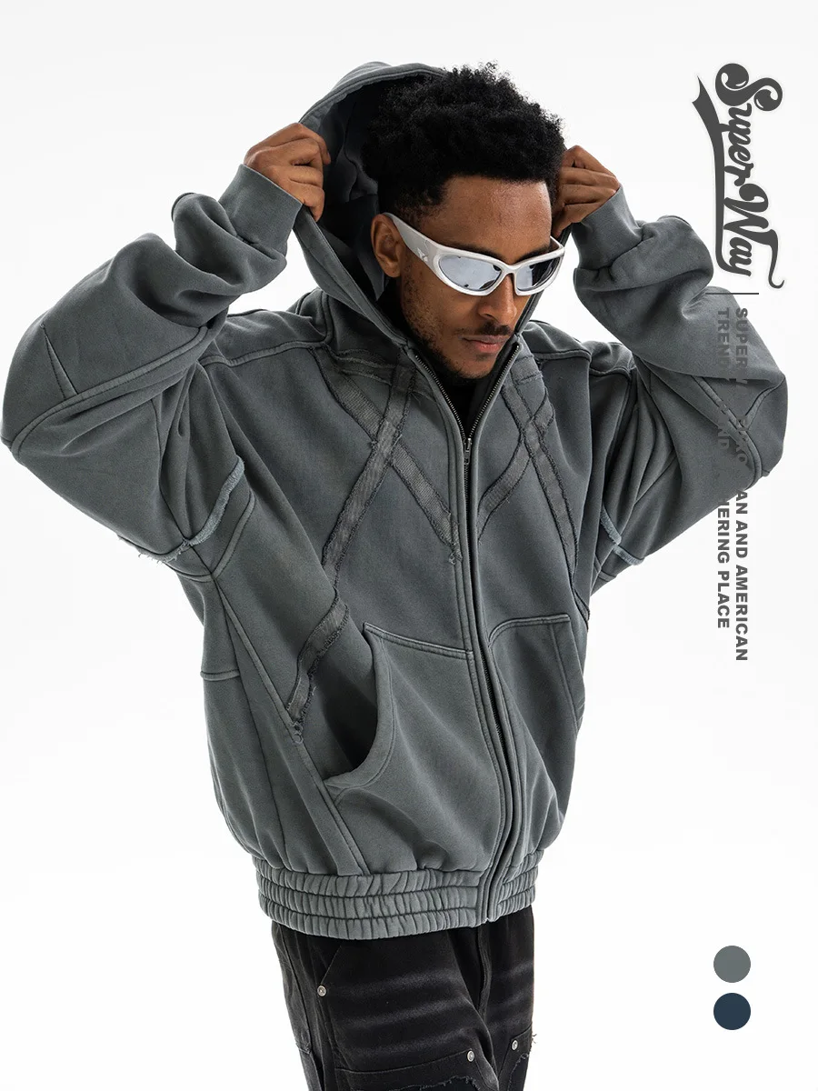 Super Way Men's Heavy Washed Fleece Lined Zipper Jacket Autumn Winter American Streetwear Embroidered Hoodies F509