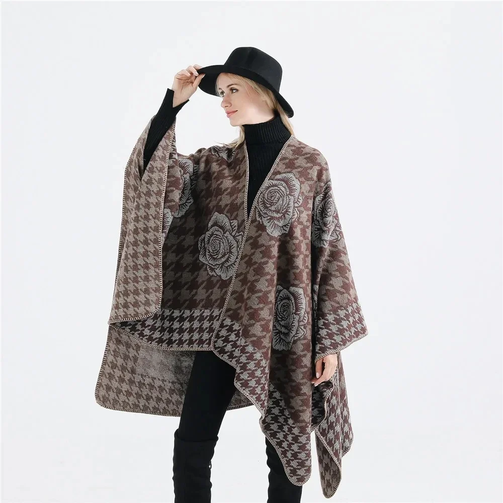 2024 Autumn Winter New Hot Selling Fashion Gold Flower Pattern Travel Imitation Cashmere Women Shawl Poncho Capes Khaki