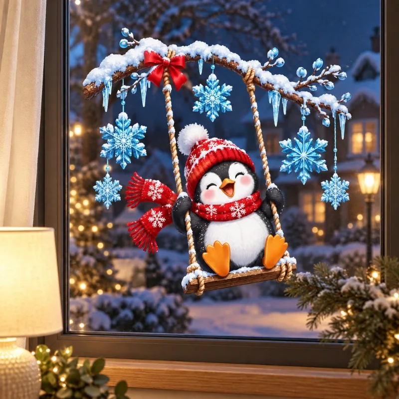 Christmas Static Window Clings Swing Penguin Snowflake Icicle Bow Cartoon Window Glass Stickers