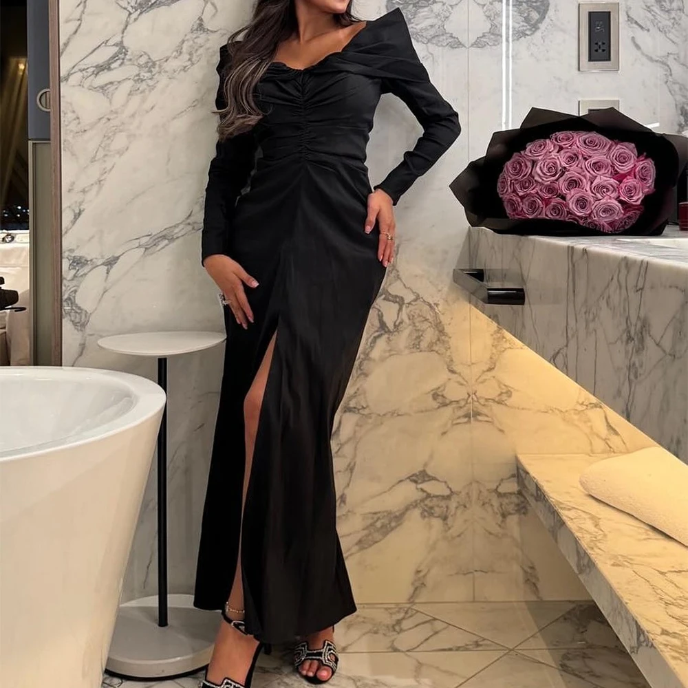 

Customized Modern Off The Shoulder Satin Evening Dress High Quality Straight Floor Length Scoop Long Sleeves Vestidos De Fiesta