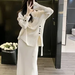 Elegant Vintage Knitted Suit Women Long Sleeves Side Split Turtleneck Pullover Sweater and High Waist Long Skirts Two Piece Sets