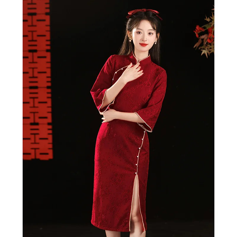 Sexy Burgundy Long Qipao Traditional Chinese Dress Vintgae Classic Mandarin Collar Cheongsam Jacquard Vestidos Oriental Clothing