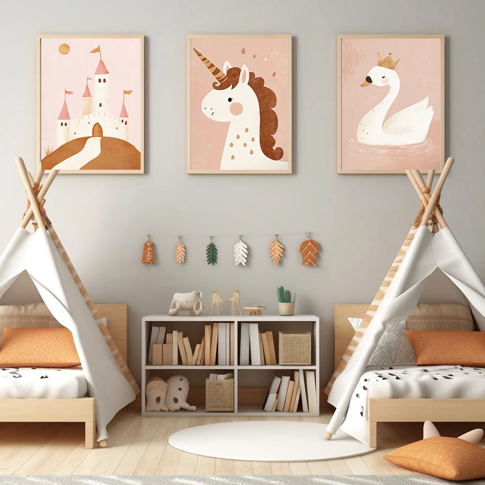 Princess Rainbow Unicorn Castle Crown Swan Wall Art Canvas Painting Poster Quote Nursery Print Pictures For Girl Kids Room Decor