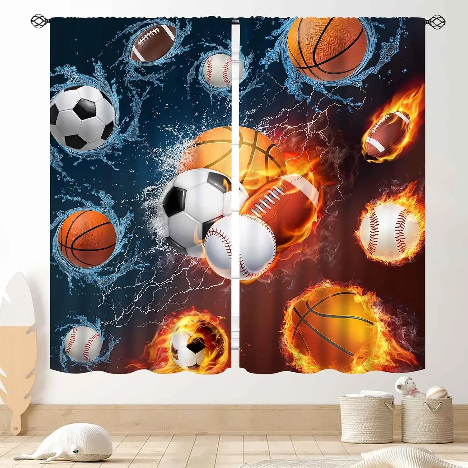 Cool Mixed Sports Ball Theme Curtain 2 Panels Dark Sky Base Water Flame Lightning Multiball Print Window Curtain Sport Masculine