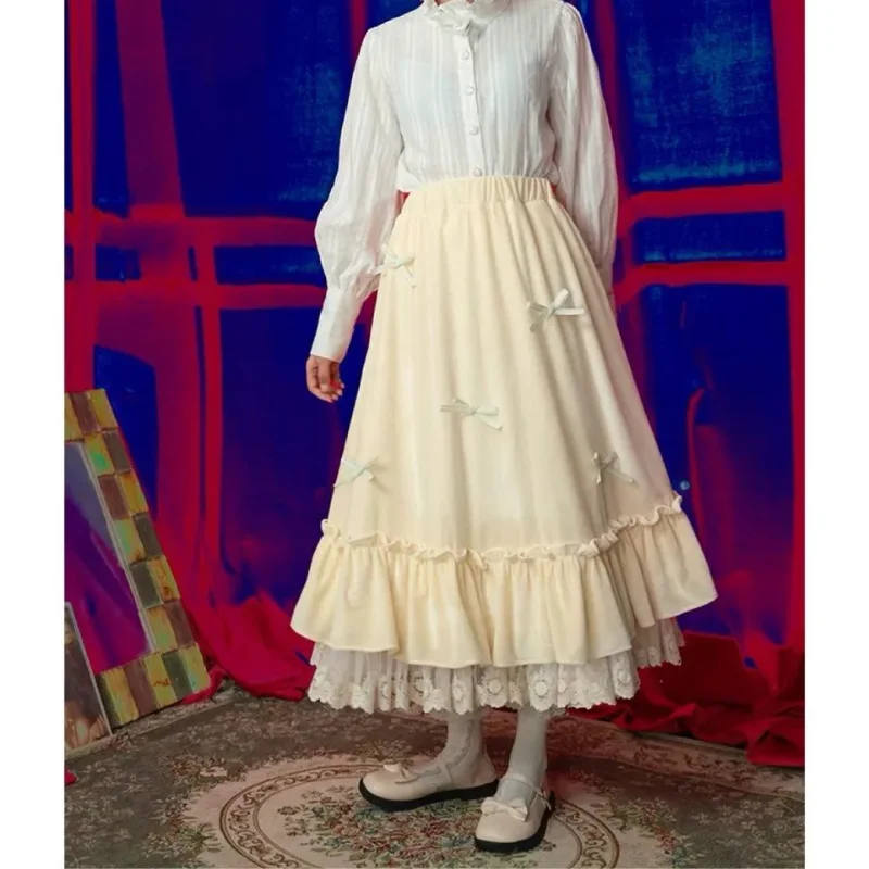 A-line Skirt Tie Large Bow Swaying High Waist Elastic Waist Long Lace Skirt Versatile Autumn Winter