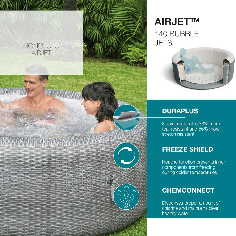 AirJet 2 to 6 Person Inflatable Hot Tub, 77 x 28 Inch Round Portable Outdoor Spa with 140 Soothing Jets and Cover, Gray