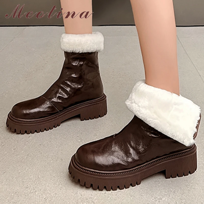 

Meotina Women Genuine Leather Ankle Boots Round Toe Block Mid Heels Wool Platform Zipper Short Boot Lady Fashion Shoes Winter 40