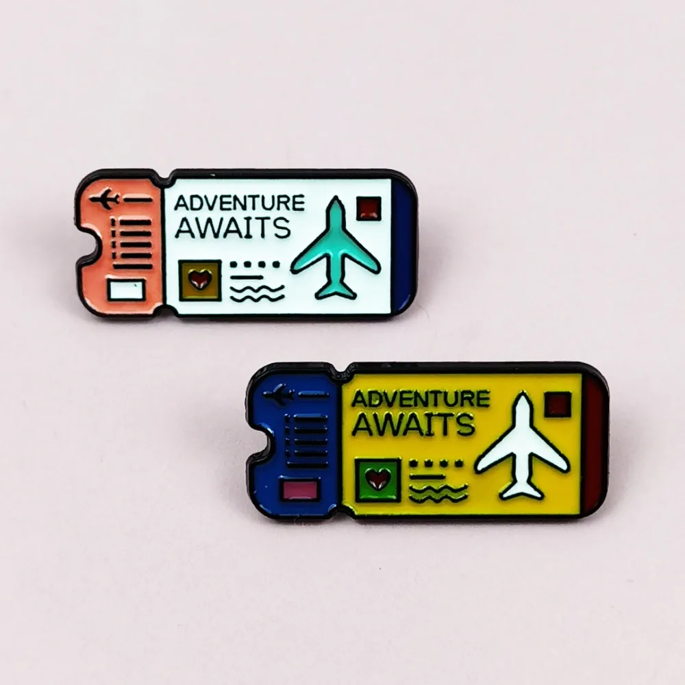 Adventure Awaits Airplane Ticket Enamel Pins Creative Travel Theme Metal Brooch Lapel Badge for Jacket Backpack Decor Gift