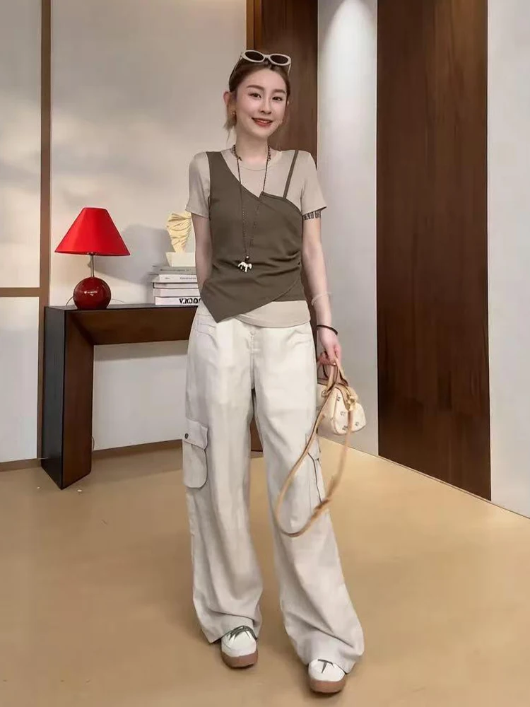

Summer Beautiful Commute Style Wide Leg Pants Top Set Comfortable High Waist Short Sleeve round Neck Loose Fit Fashion Ensemble