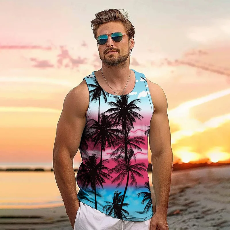 Summer Harajuku 3D New Tropical Leaves Printed Tank Top Men Coconut Trees Graphic Tank Tops Fashion Cool Streetwear Vest Clothes