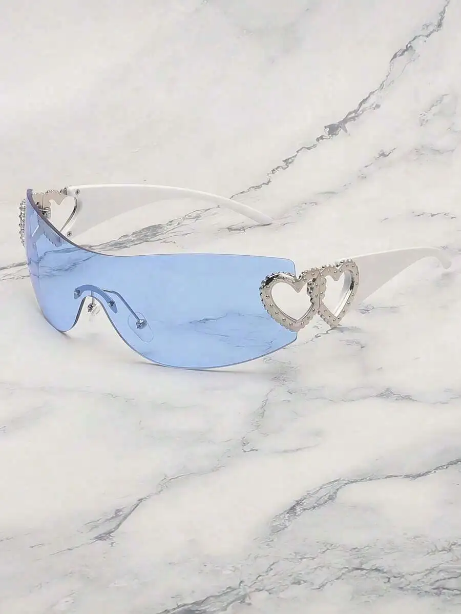 

Frameless Blue Lens Heart-Embellished Shield Sunglasses for Women