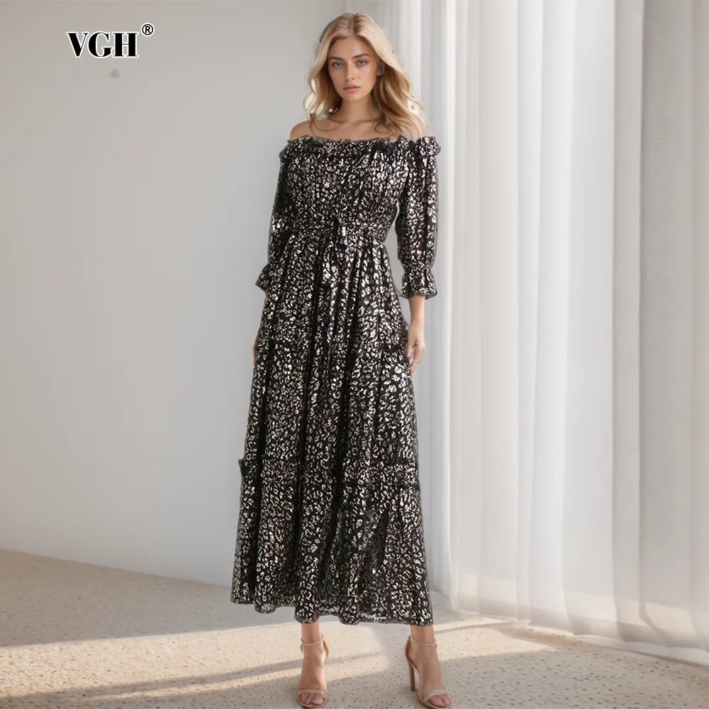 

VGH Hit Color Print Dresses For Women Round Neck Flare Sleeve High Waist Ruffles Pullover Summer Mid Dress Female New