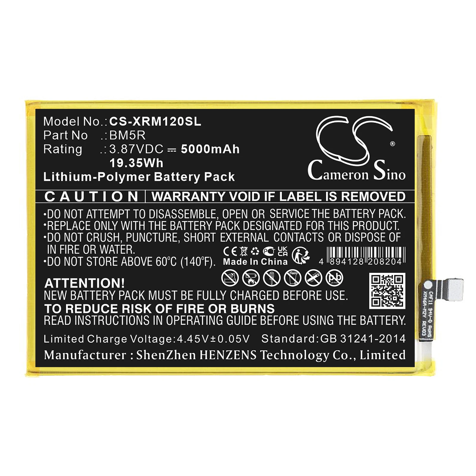 

5000mAh 3.87V 19.35Wh Mobile, SmartPhone Li-Polymer Battery for Redmi BM5R Redmi 12 5G