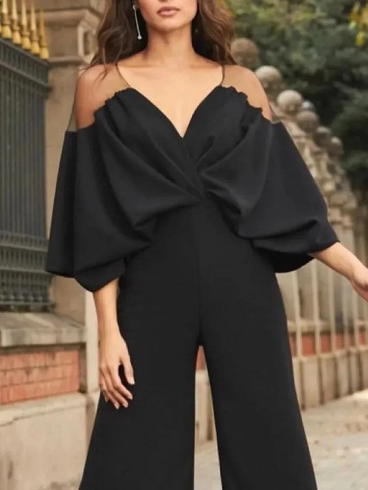 Gymystars Dames Mesh Patchwork Effen Kleur Jumpsuit Mode Elegante Halve Mouwen Hoge Taille Diepe V-Hals Jumpsuits