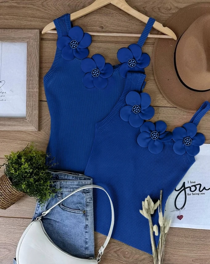 Chaleco con estampado Floral para mujer, camiseta sin mangas de punto con cuentas de retales, cuello asimétrico, tirantes ajustados para vacaciones,