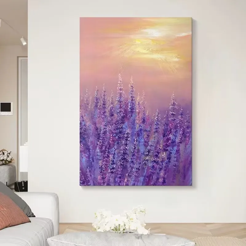 Hand Drawn Oil Painting for Living Room Decoration, Beautiful Lavender, Sunrise and Oriental Landscape, Bedroom and Sofa, Home