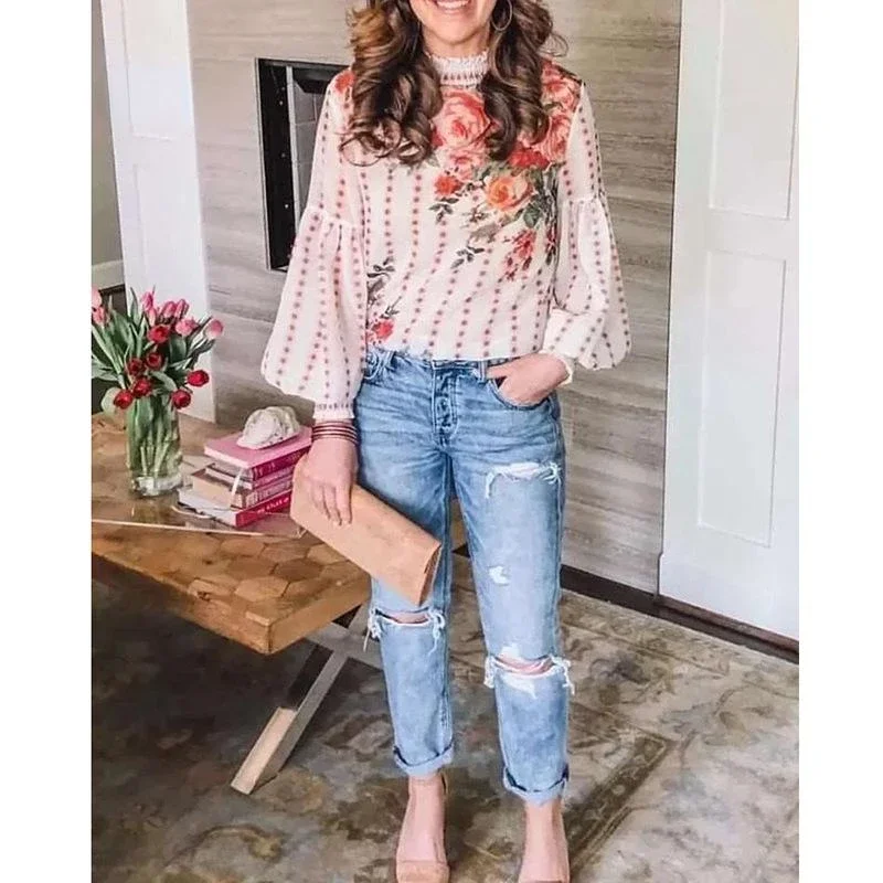 Printed Woman Shirt Sweet Blouse Spring Autumn Woman Blouse Fashion Lantern Sleeve Woman Blouse Top