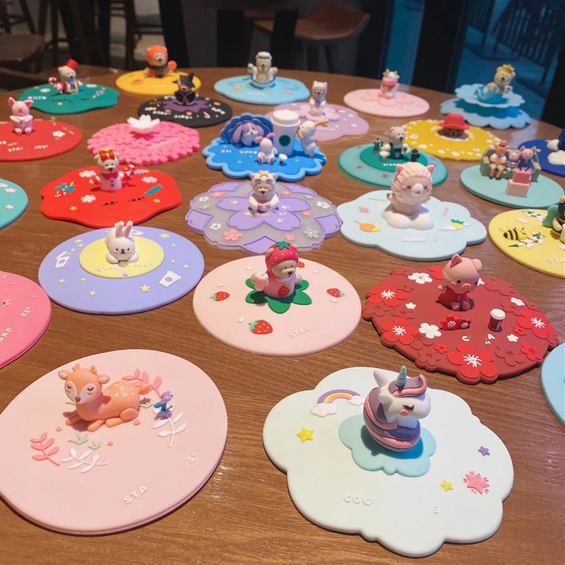 Lebensmittelqualität Silikon Tasse Abdeckung Trinkbecher Abdeckung Niedlichen Cartoon Staubdicht Universal Tasse Abdeckung Kaffeetasse Abdeckung