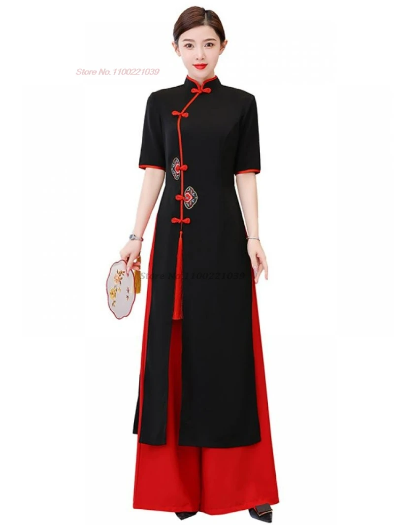 2026 traditional vietnam aodai dress+pants set national flower embroidery ao dai improved qipao dress banquet party dance dress