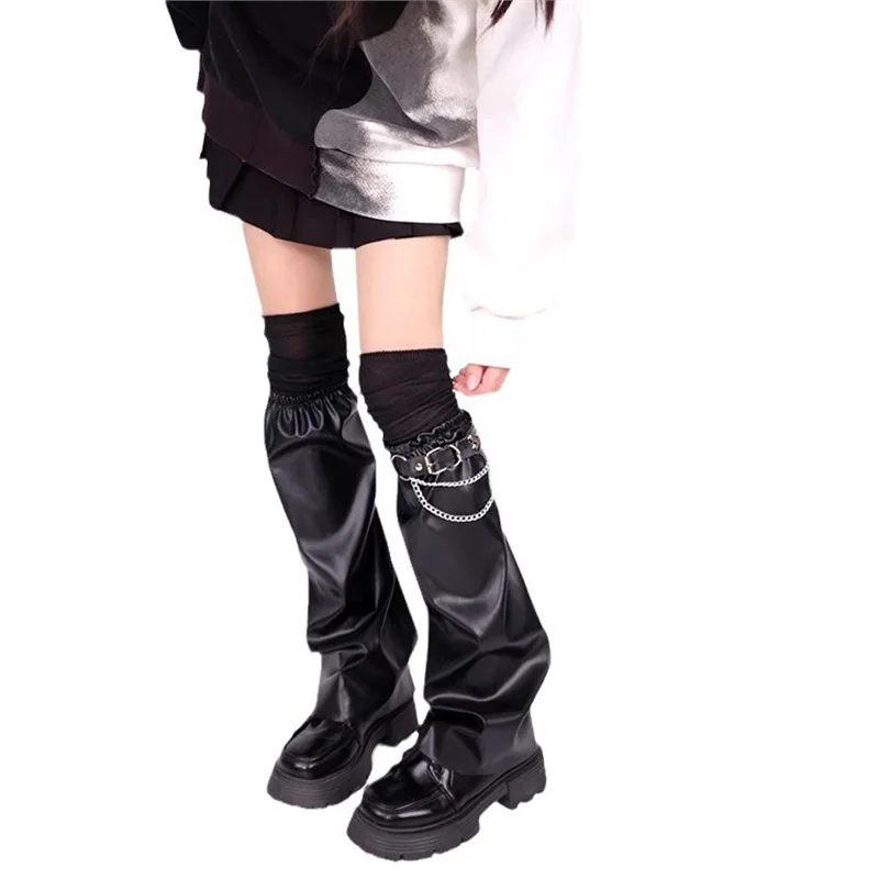 

Y2K Punk PU Leather Leg Warmers with Chain Buckle, Gothic JK Grunge Calf Boot Covers for Women