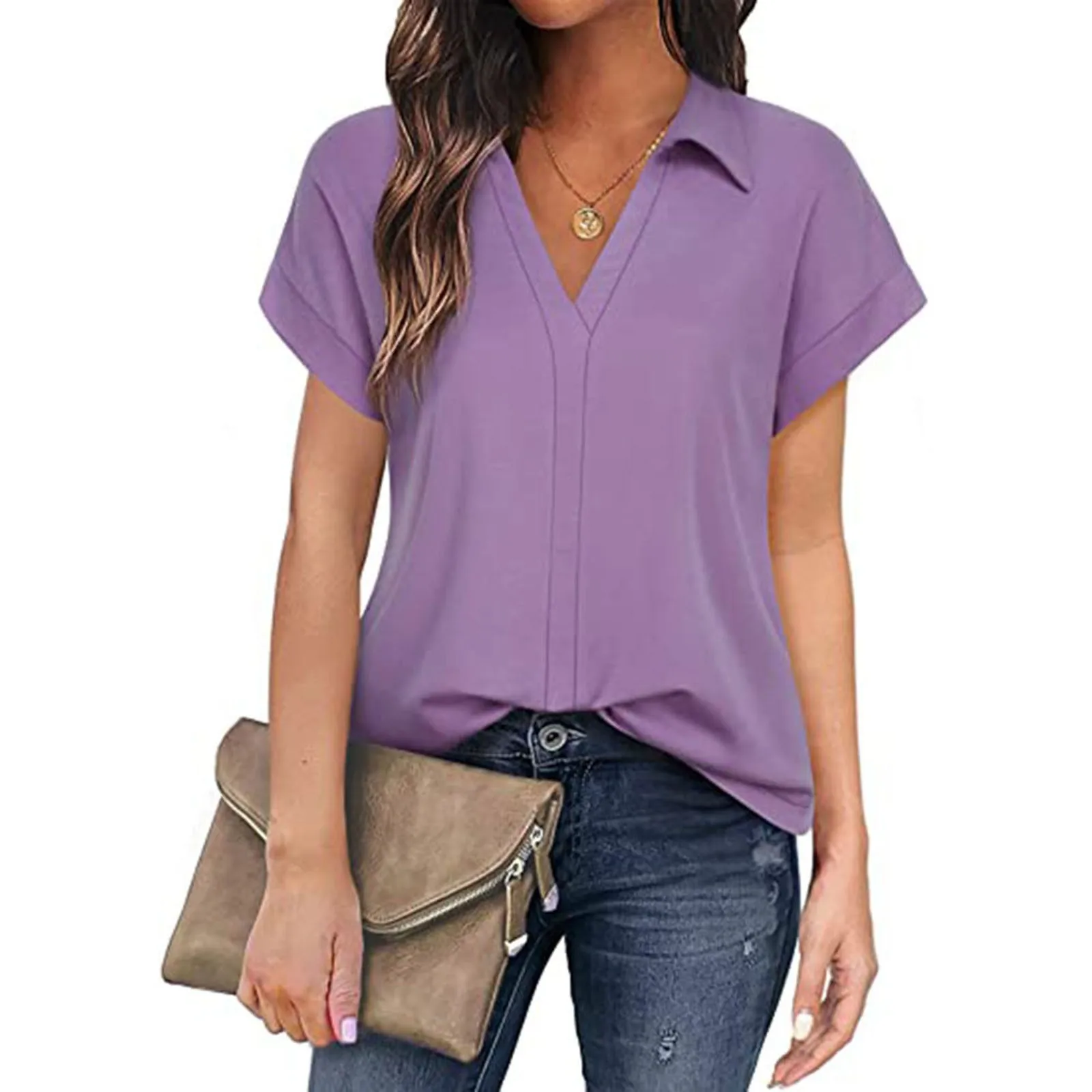 Elegant Shirt For Women Solid Colour V Neck Business Commuter Shirt Top 2024 Summer Fashion Lapel Short Sleeve Blouse Shirt