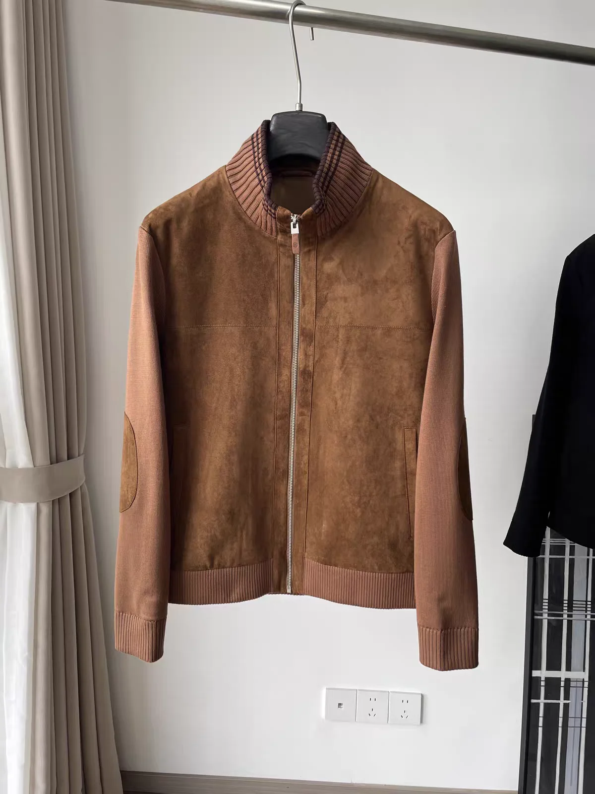 Italian Style Luxury Men's Knitted Suede Jacket Collarless Zipper Closure Long Sleeve Pure Color Autumn Winter Fashion Outerwear