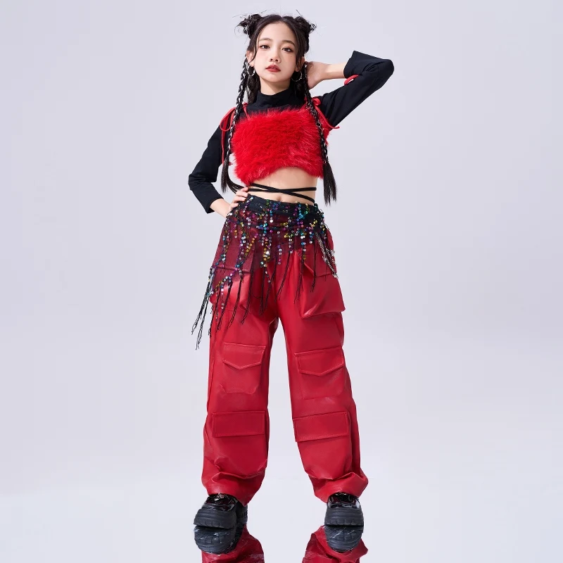 Paillettes Jazz Dance Costume Ragazze Moda Kpop Abiti di scena Top neri Gilet rosso Pantaloni cargo Kid Hip Hop Street Dance Wear AMY1352