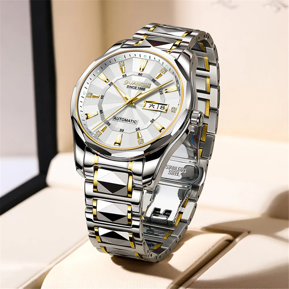 GUANQIN Men Japan Automatic Mechanical Movement Tungsten Steel Watch Waterproof Sapphire Crystal Clock Week Calendar Wristwatch