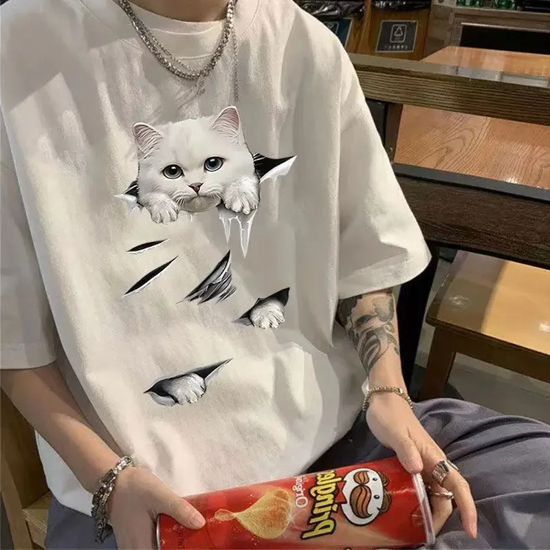 Summer new cat print boys handsome short-sleeved T-shirt thin Hong Kong style pure cotton loose round neck top ins y2k tops