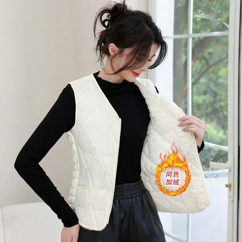 Women Autumn Winter Fleece Lined Quilted Vest Thick Warm Down Cotton Waistcoat Short Fit Sleeveless Undergarment Casual Gilet