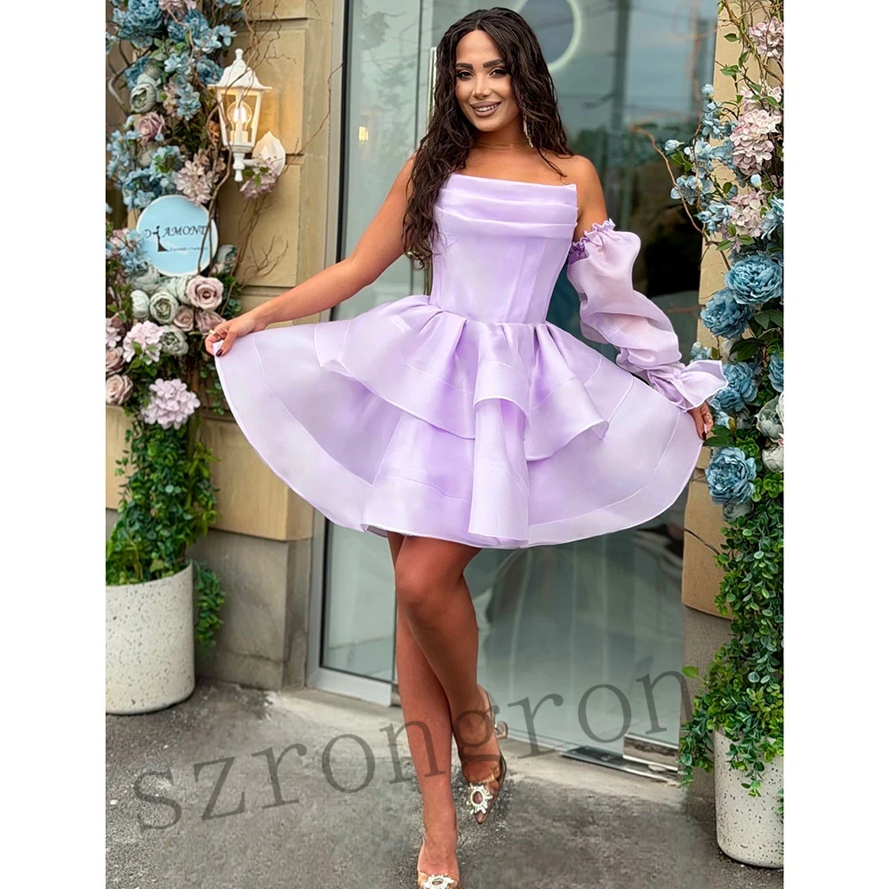 

Customized Boat Collar Tiered Short Mini Evening Cocktail Dresses Organza A-line Cute Backless Prom Party Dress