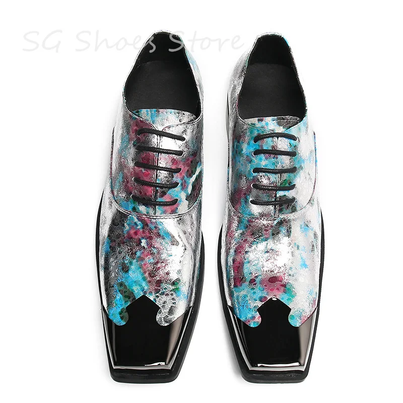 

Luxury Designer Business Office Dress Shoes for Man Mixed Color Graffiti Prints Lace-Up Oxfords Male Metal Square Toe Loafers