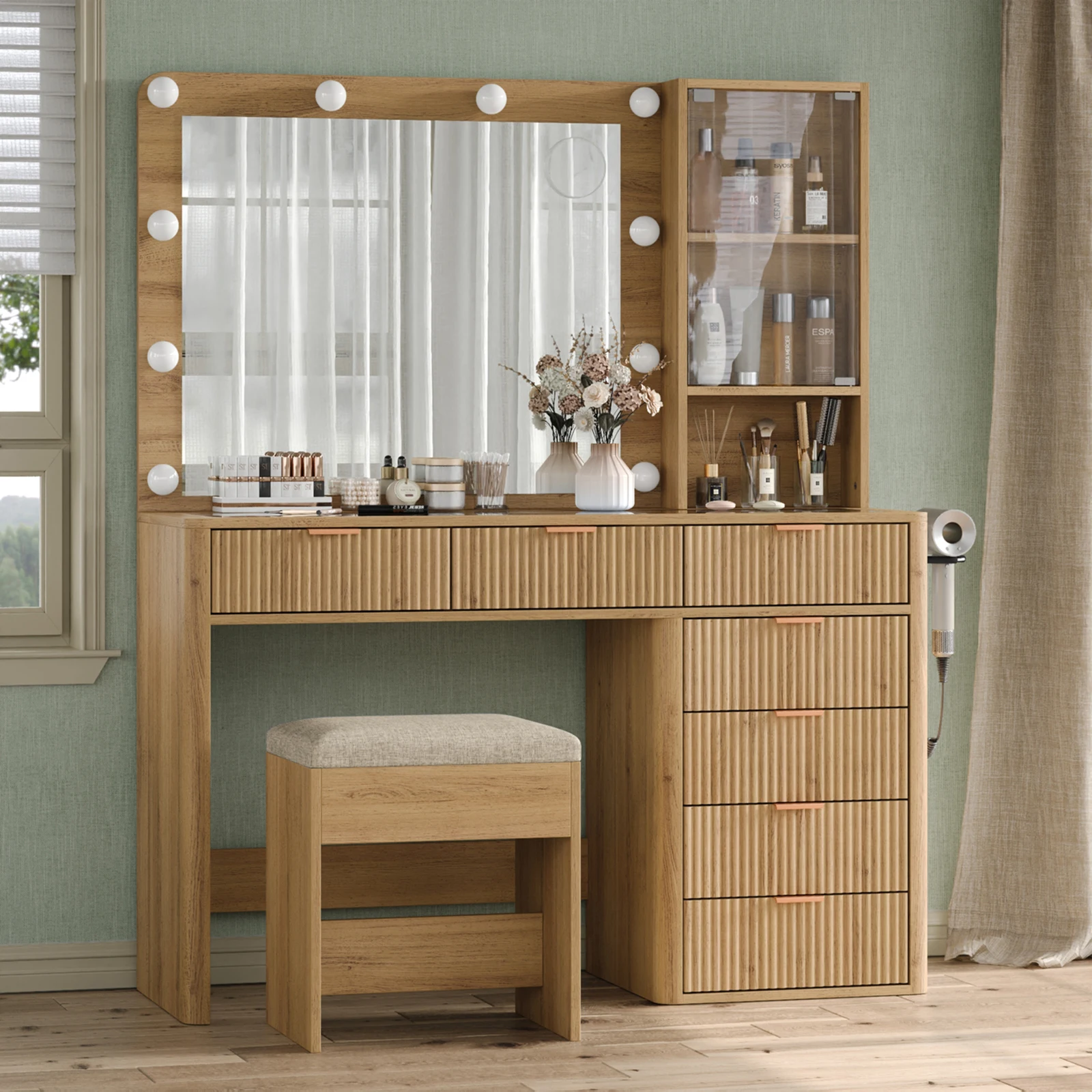 Compact Large Storage Vanity Table Set, LED Vanity Mirror with 3 Adjustable Brightness Modes, Multiple Drawers & Side Storage Shelves, Scratch-Proof Clear Tempered Glass Tabletop with USB Port