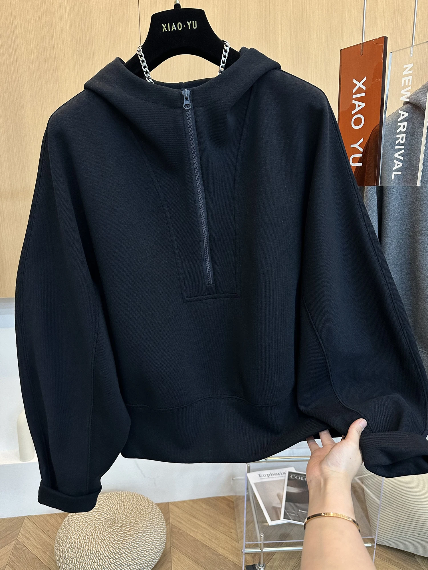 Sudadera Holgada con Capucha y Cierre para Mujer, Estilo Informal y Versátil para Principios de Otoño, Talla Grande Europea
