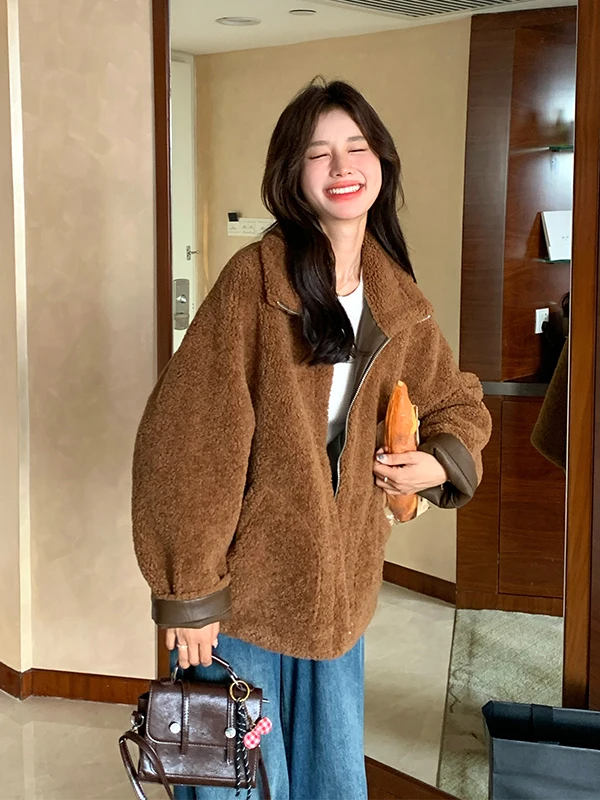 Double-Sided Wear Lamb Fur Jaet Women's ort Sle Retro Fluffy Lamb Velvet Warm Thiened Zipper Casual Faion