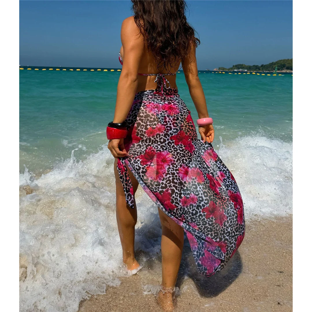 Mit Sarong Leopard Blumenmuster Bikini Damen Badeanzug Frauen Bademode Dreiteiliges Bikini-Set Badebekleidung Badeanzug Schwimmen V8194 – Detail 4